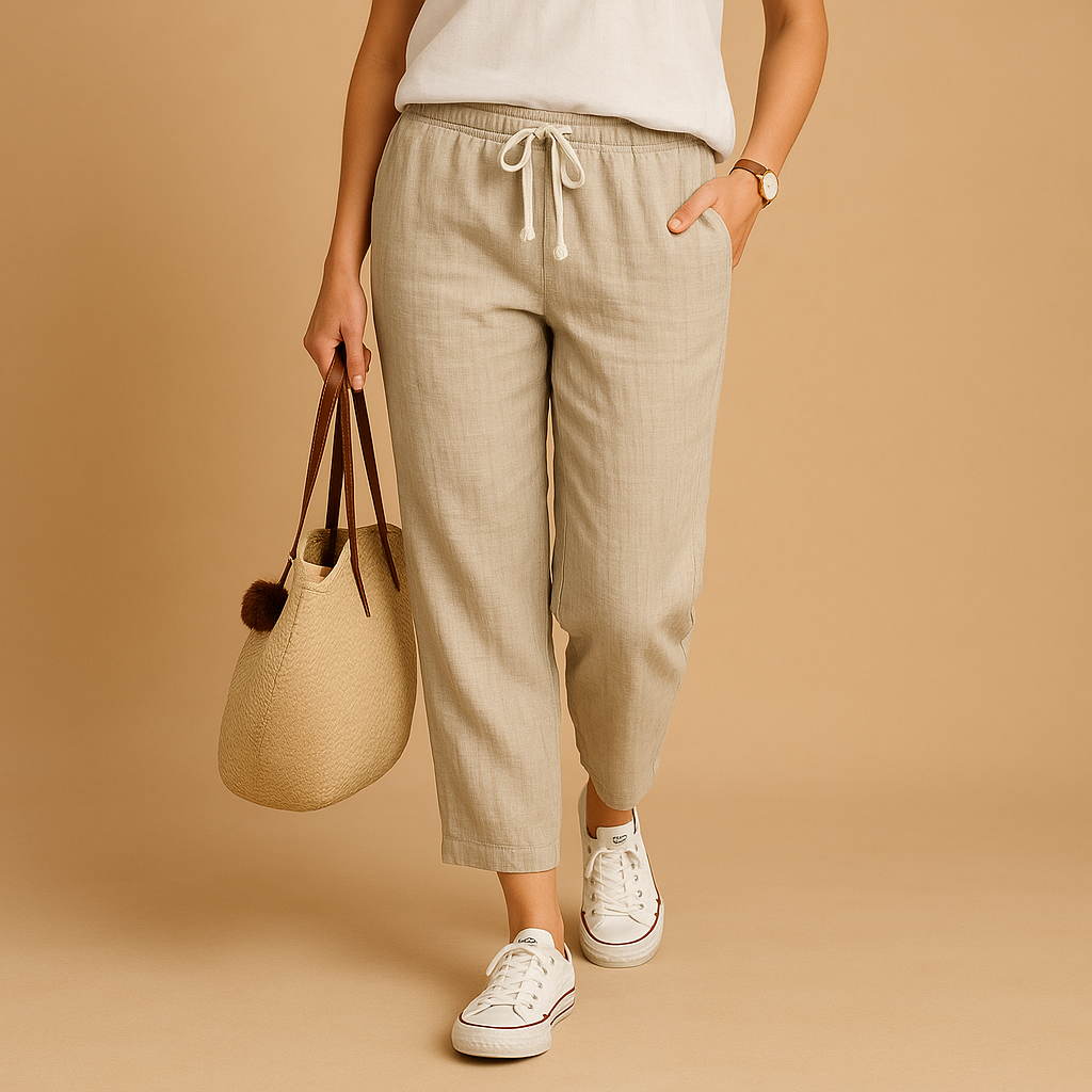 Amelia lightweight stretch trousers in beige with tapered legs and a drawstring waist, styled with a straw bag