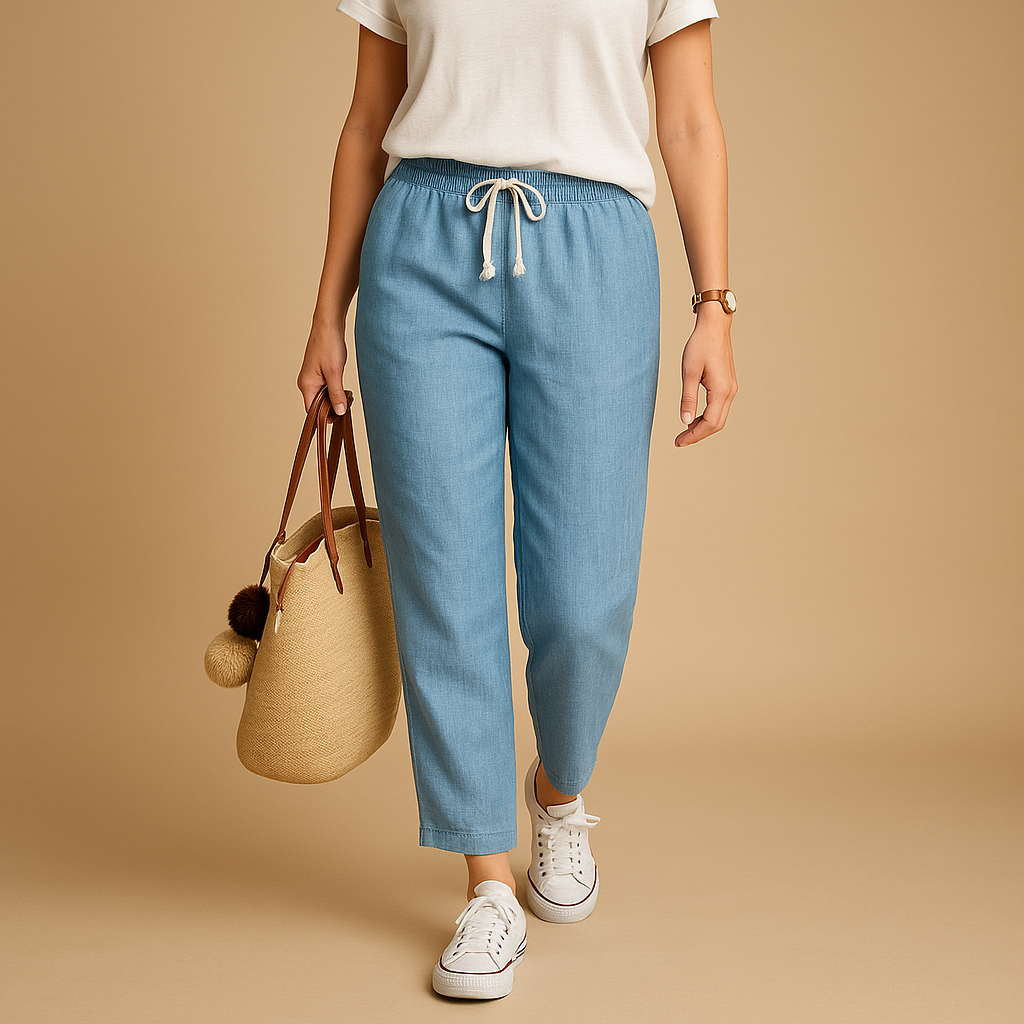 Amelia lightweight stretch trousers in light blue with an elasticated drawstring waist and cuffed hems