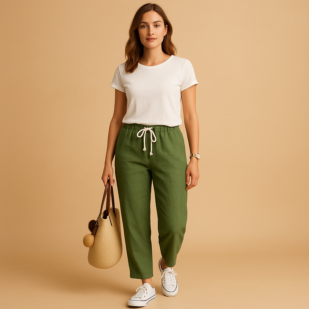 Woman wearing Amelia lightweight stretch trousers in olive green with a white t-shirt and white trainers