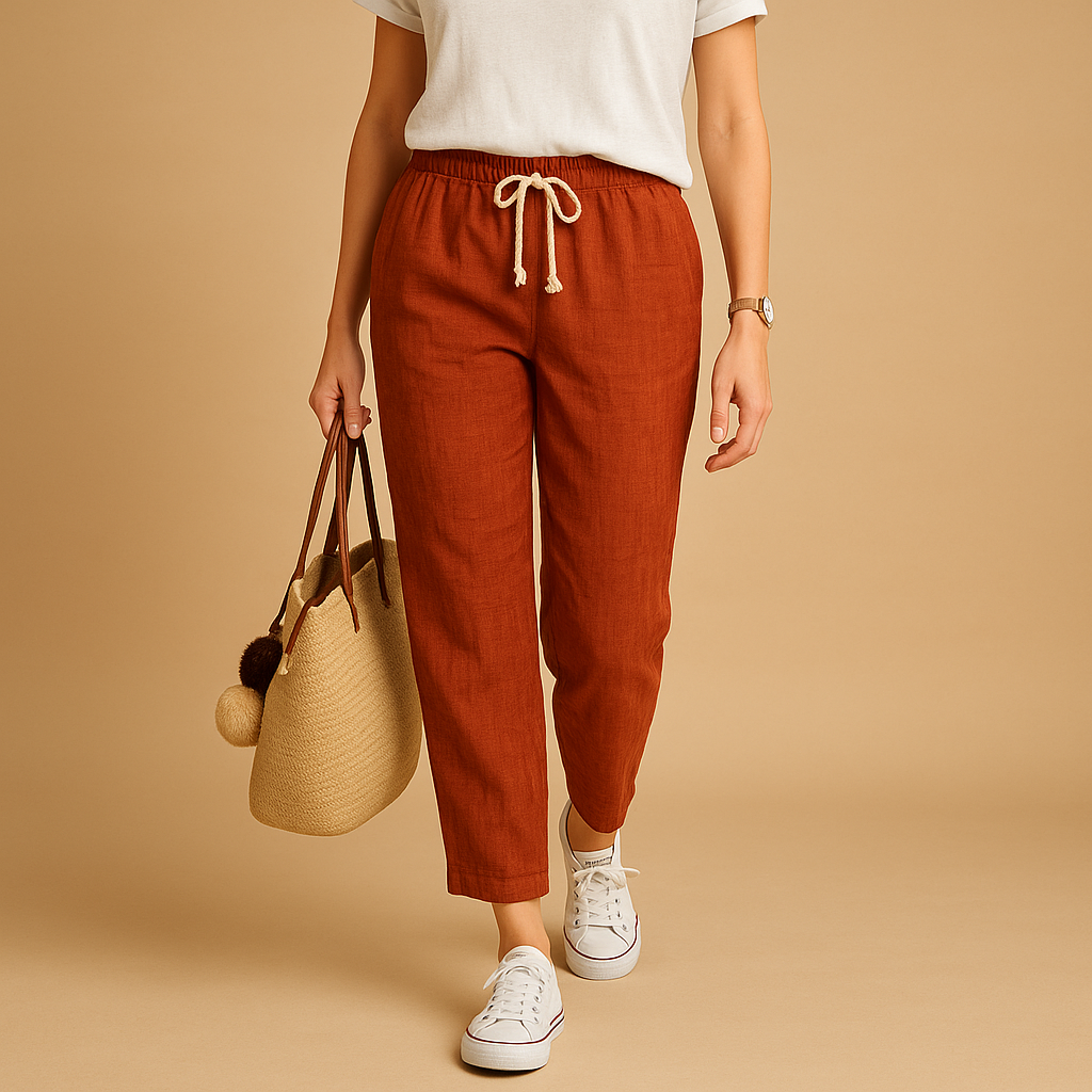 Amelia lightweight stretch trousers in rust red with a drawstring waist, worn with a white top and white trainers
