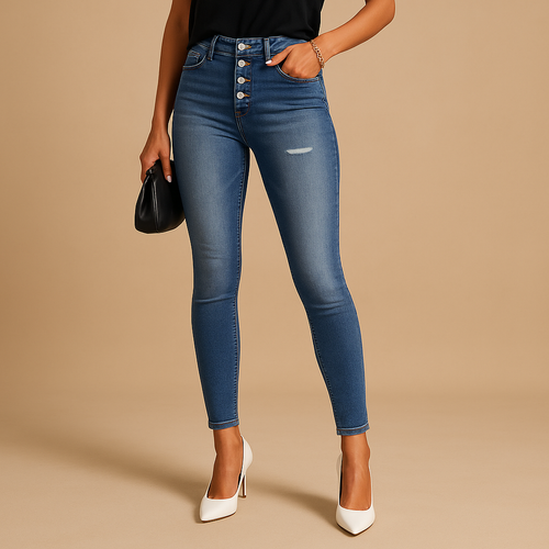 Anastasia ripped slim fit jeans in mid-blue denim with a button fly, worn with a black top and white heels