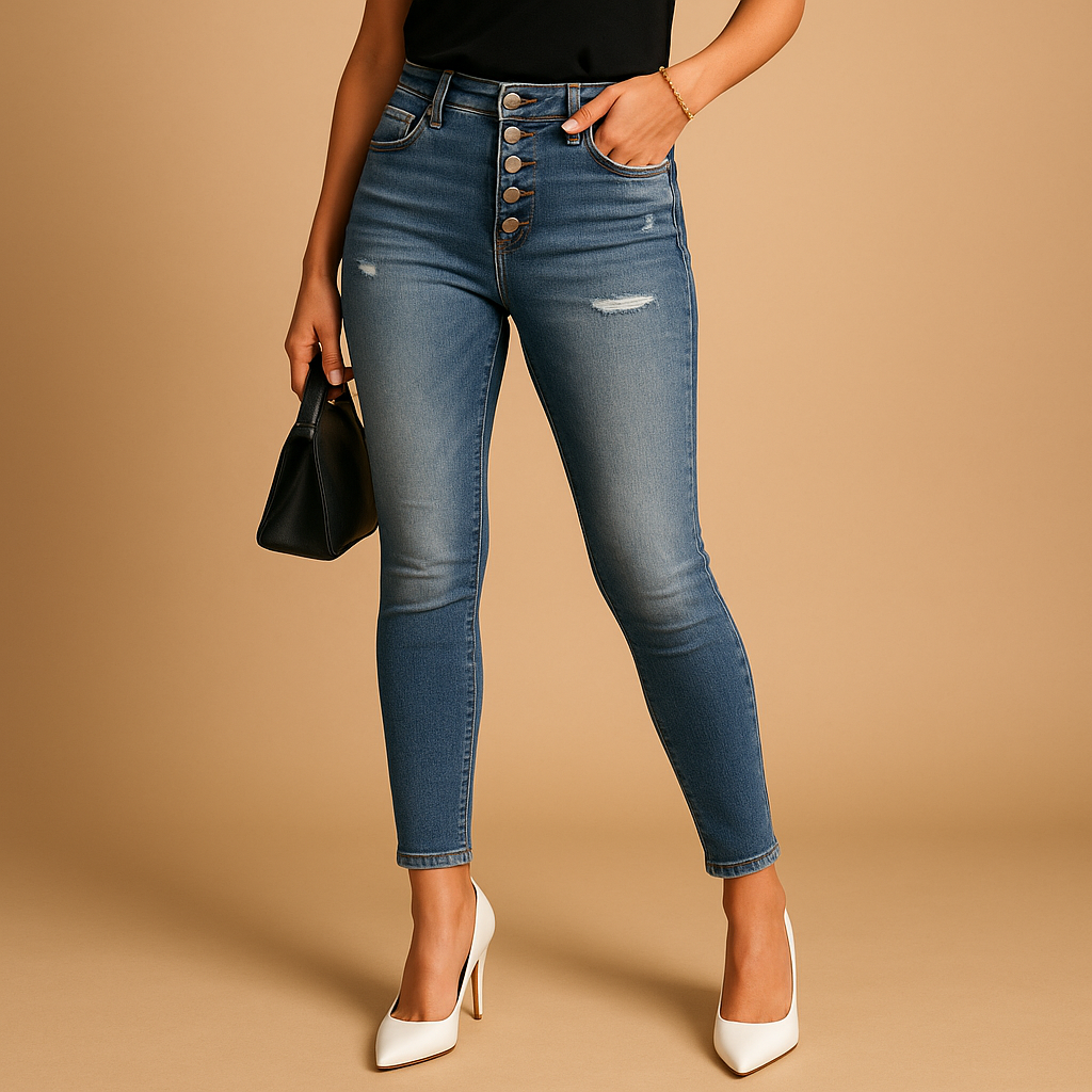 Anastasia ripped slim fit jeans in mid-blue denim, styled with a black top, black shoulder bag and white heels