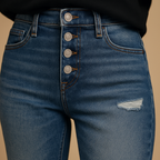 Close-up of the Anastasia jeans showing the exposed five-button fly and distressed thigh detail in mid-blue denim