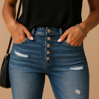 Anastasia ripped slim fit jeans in mid-blue denim worn with a black top and black shoulder bag, hands in pockets
