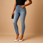 Woman wearing Anastasia light blue slim fit ripped jeans with a black top and white heels