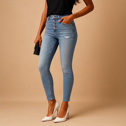 Woman wearing Anastasia light blue slim fit ripped jeans with a black top and white heels