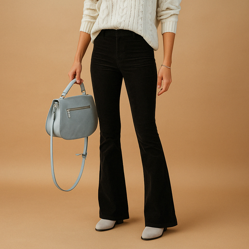Arabella flared corduroy trousers in black shown from the front with a light blue shoulder bag