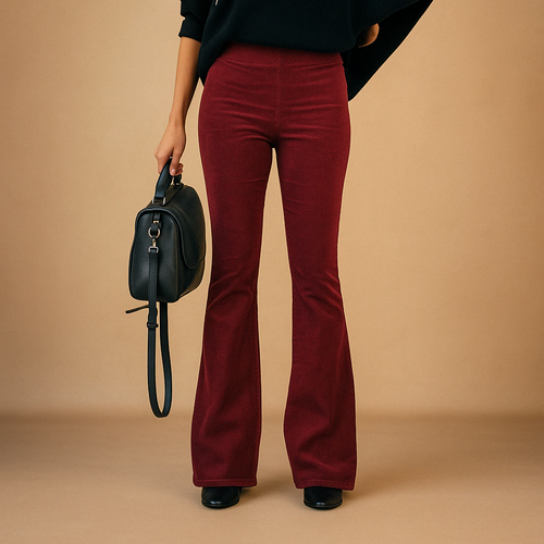 Arabella flared corduroy trousers in burgundy with a high waist, worn with a black top