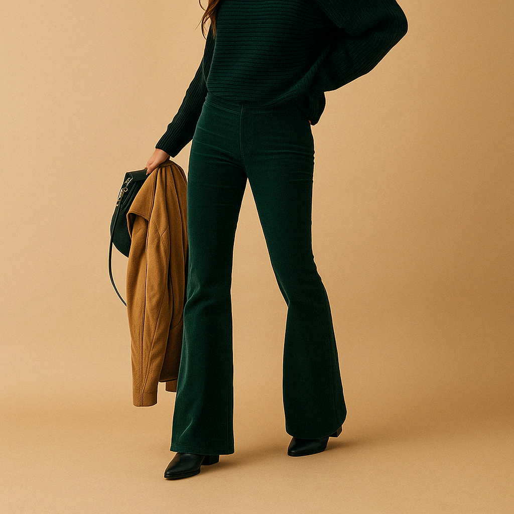 Arabella flared corduroy trousers in dark green worn with a matching top and a tan bag