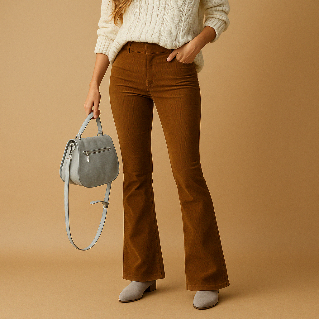 Arabella flared corduroy trousers in rust brown worn with a cream top and a silver bag