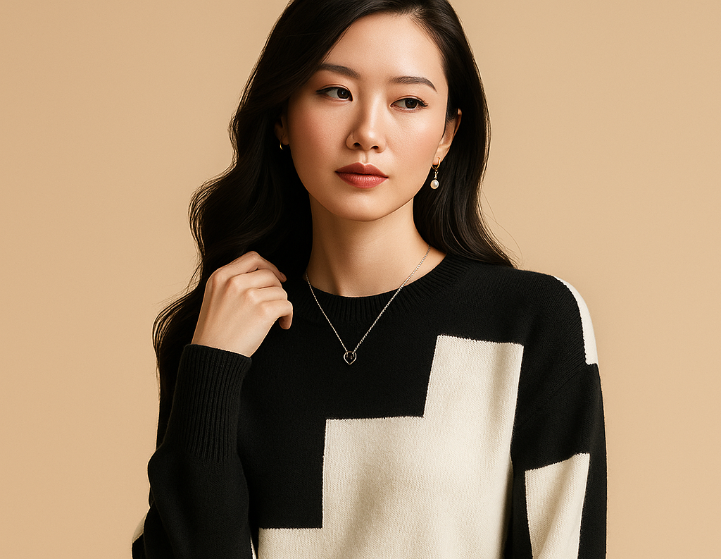 Astrid loose-fit sweater in black with a cream colour-block panel on the front