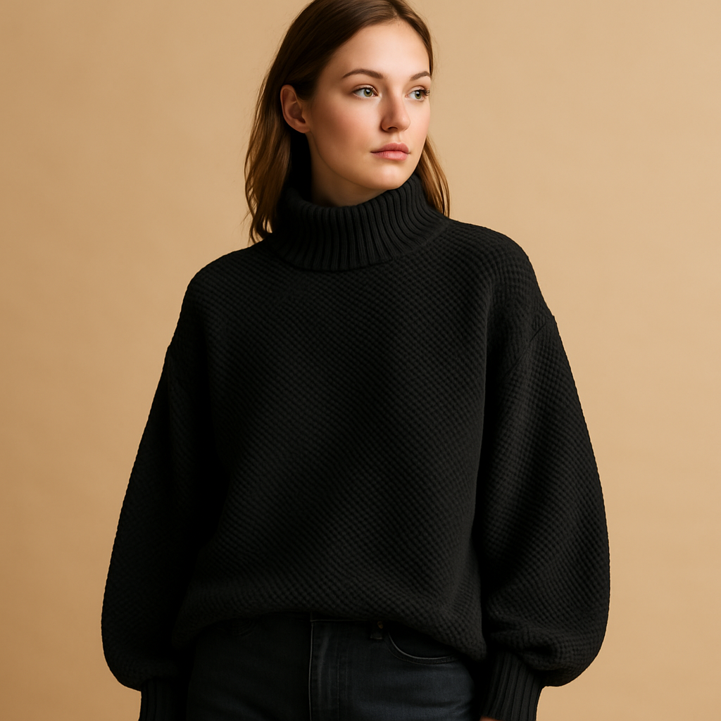 Bianca soft knit turtleneck sweater in black with dropped shoulders and a rolled neck