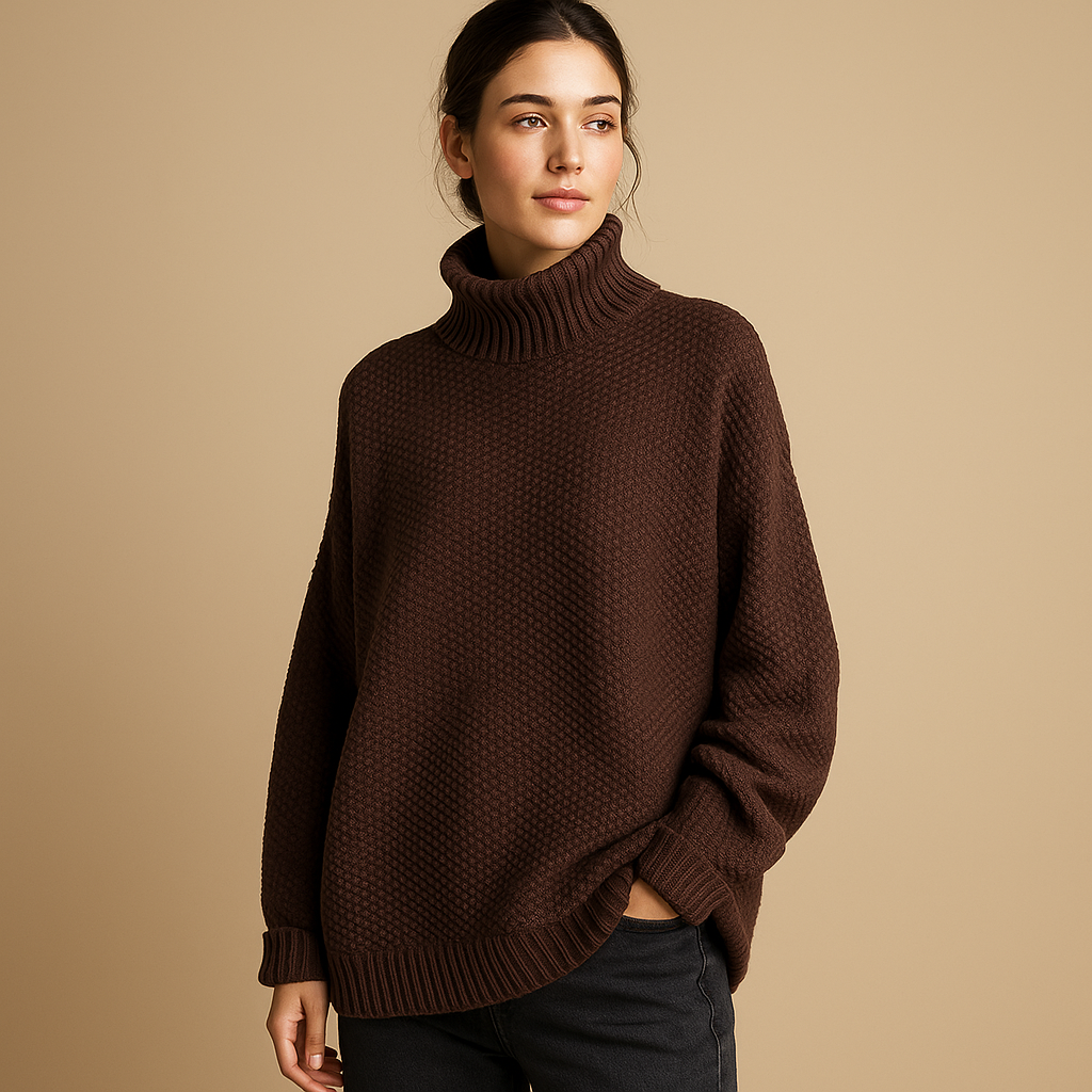 Bianca soft knit turtleneck sweater in chocolate brown, worn with dark trousers