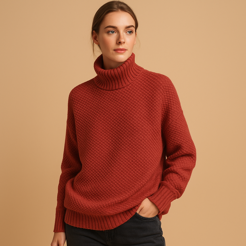 Bianca soft knit turtleneck sweater in rust red, worn with dark trousers