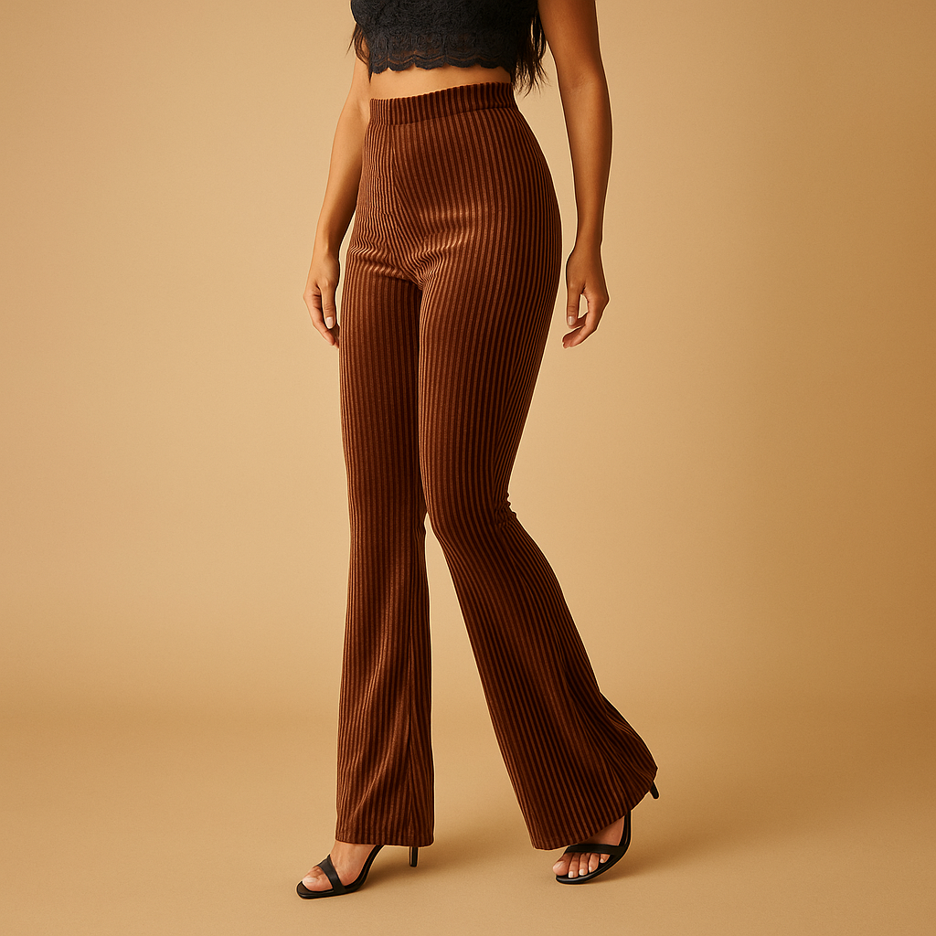 Charlotte high-waist flared corduroy trousers in brown, worn with a black top