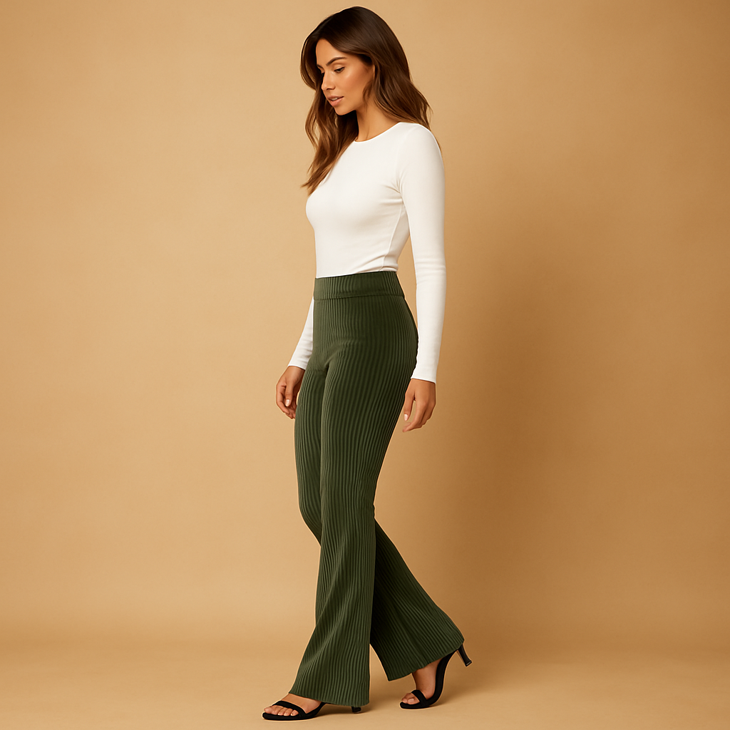 Charlotte high-waist flared corduroy trousers in dark green, worn with a white top