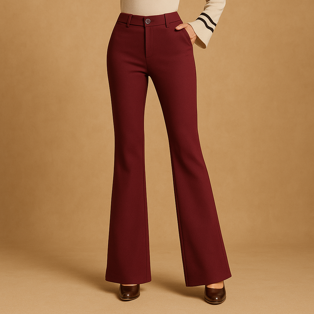 Delilah high-waist flared trousers in burgundy red, worn with a white top and dark heels