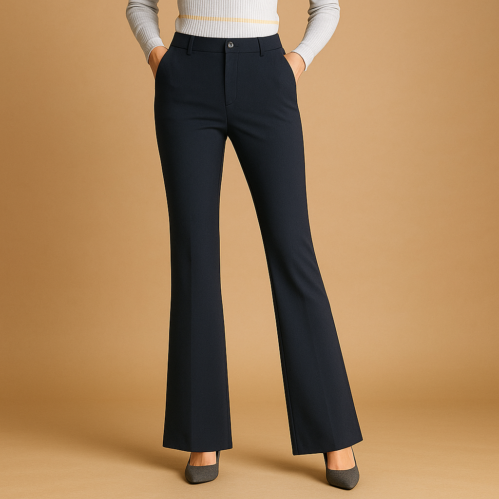 Delilah high-waist flared trousers in navy blue with front pockets, worn with a striped shirt and black heels