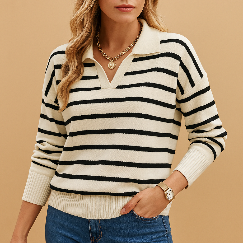 Cream knit sweater with navy stripes and a collared V-neck, worn with blue jeans