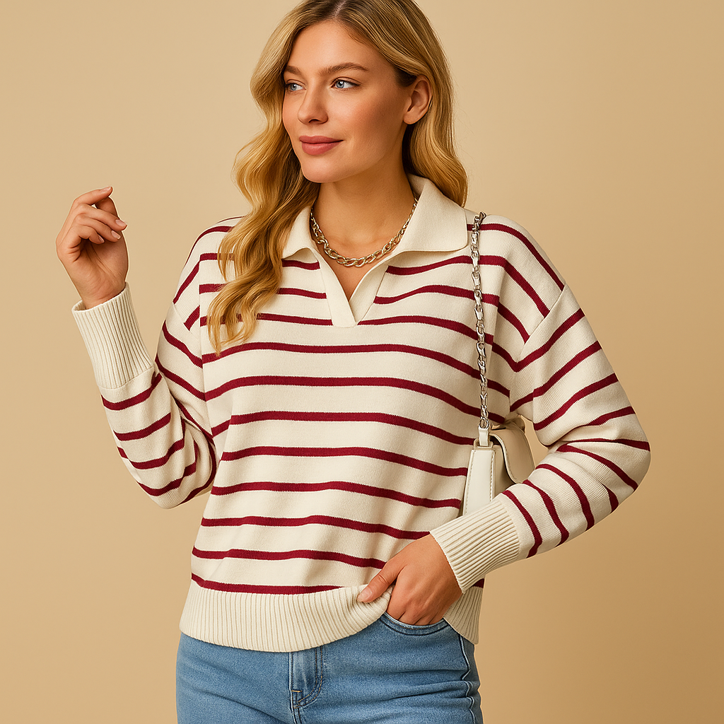Woman wearing a cream and red striped knit sweater with a collared button placket