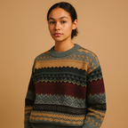Woman wearing the Elise oversized knit sweater with a Nordic fair isle pattern in grey, tan, teal and burgundy