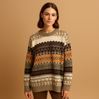 Elise oversized knit sweater with a fair isle pattern in brown, cream, tan and rust