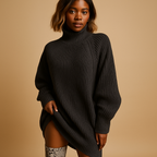 Harper oversized ribbed knit sweater in black, styled with snakeskin print boots