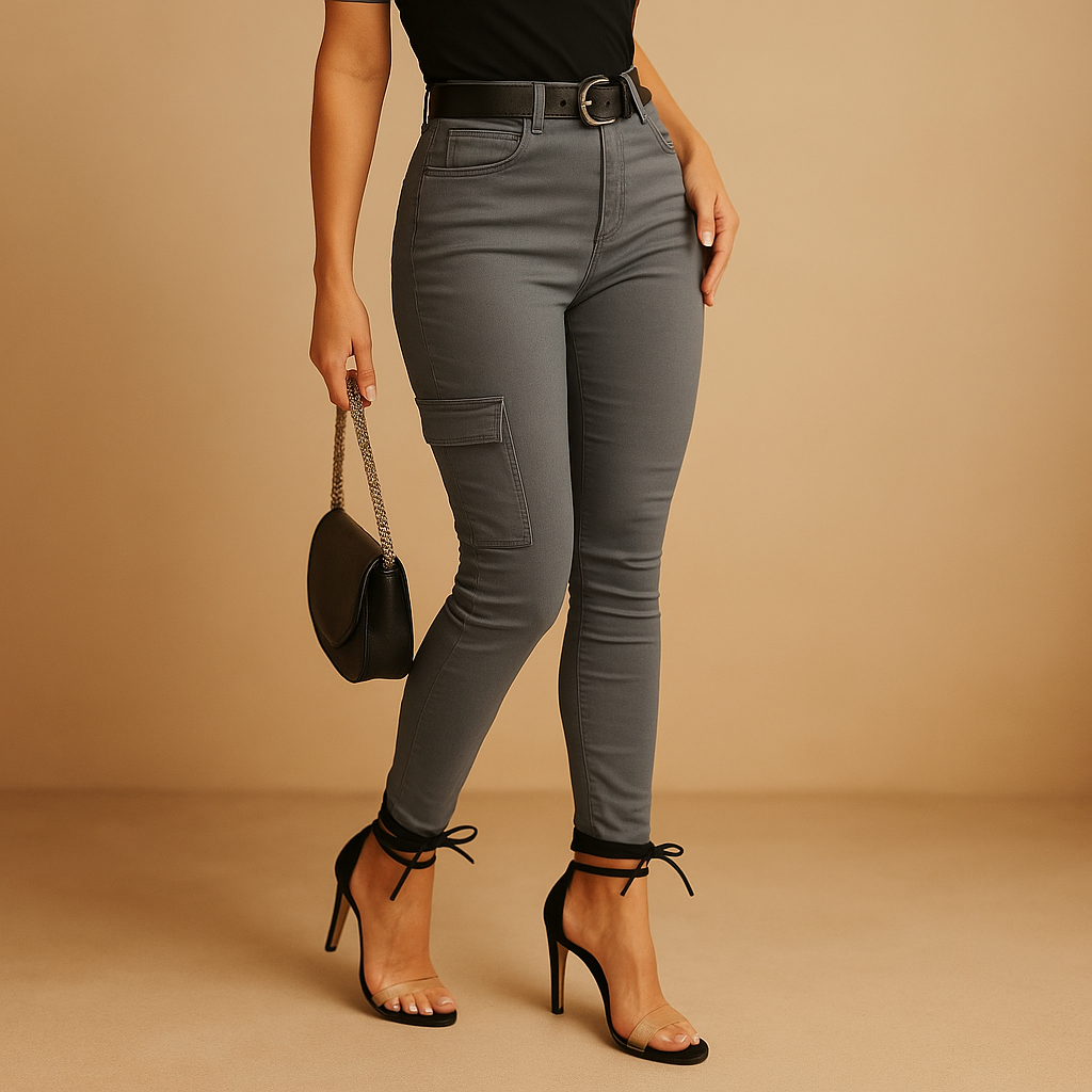 Jasmine cotton cargo trousers in grey with elasticated ankles, worn with a black top and heeled boots
