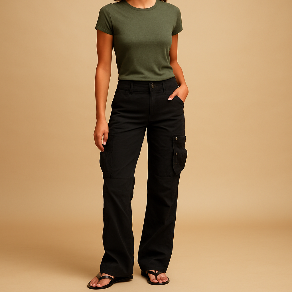 Lydia cargo pocket trousers in black with side pockets, worn with an olive green t-shirt