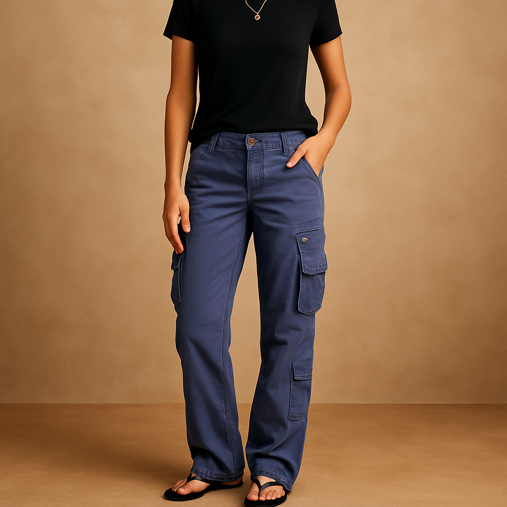Lydia cargo pocket trousers in blue denim with utility pockets, worn with a black t-shirt