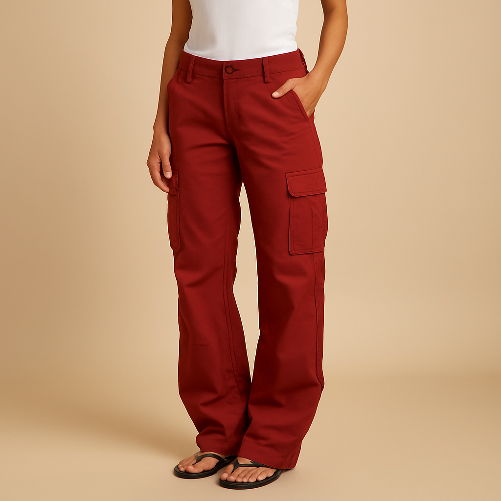 Lydia cargo pocket trousers in red with utility pockets and a relaxed wide leg