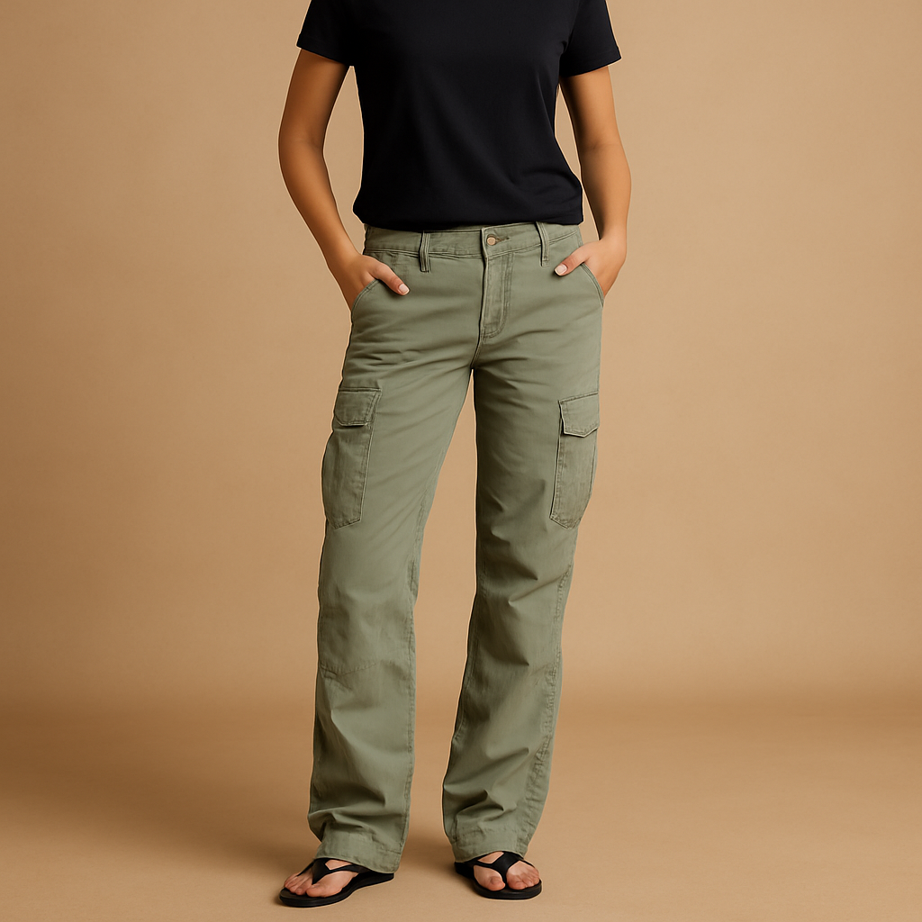 Lydia cargo pocket trousers in sage green with utility pockets, worn with a black t-shirt