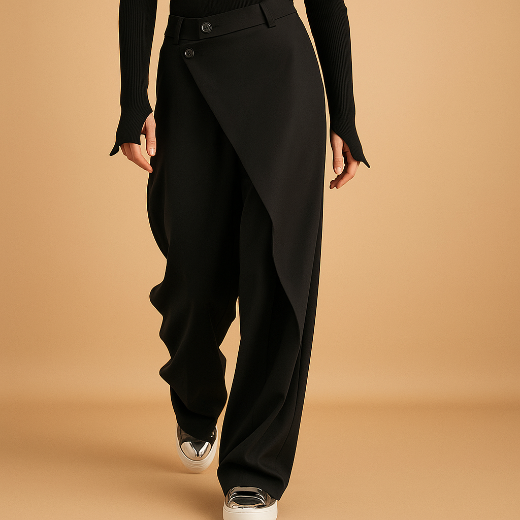 Mabel asymmetric baggy trousers in black with a wide relaxed leg, worn with white trainers