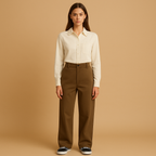 Mabel asymmetric baggy trousers in brown with a double button closure, worn with a cream blouse