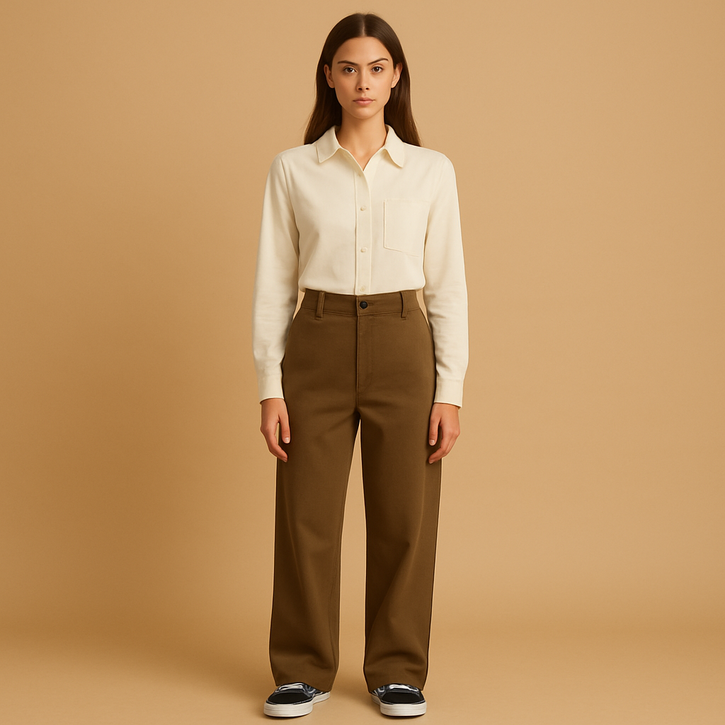 Mabel asymmetric baggy trousers in brown with a double button closure, worn with a cream blouse