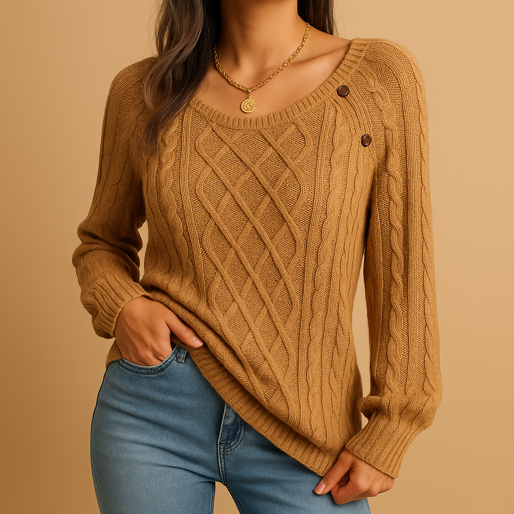 Marielle cable knit sweater in camel with shoulder buttons and a scoop neck, worn with blue jeans