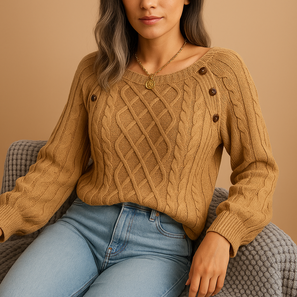 Marielle knit sweater in camel worn seated with blue jeans, showing the textured cable knit