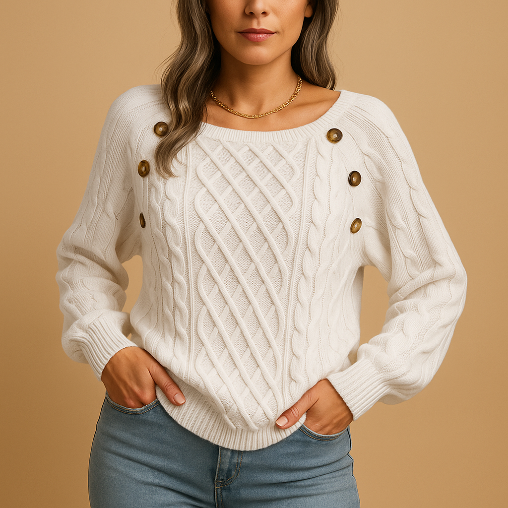 Woman wearing the Marielle cable knit sweater in cream with gold button detailing on the shoulders