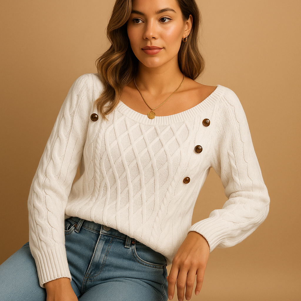 Marielle cable knit sweater in cream with a wide boat neck and tortoiseshell buttons, worn with blue jeans