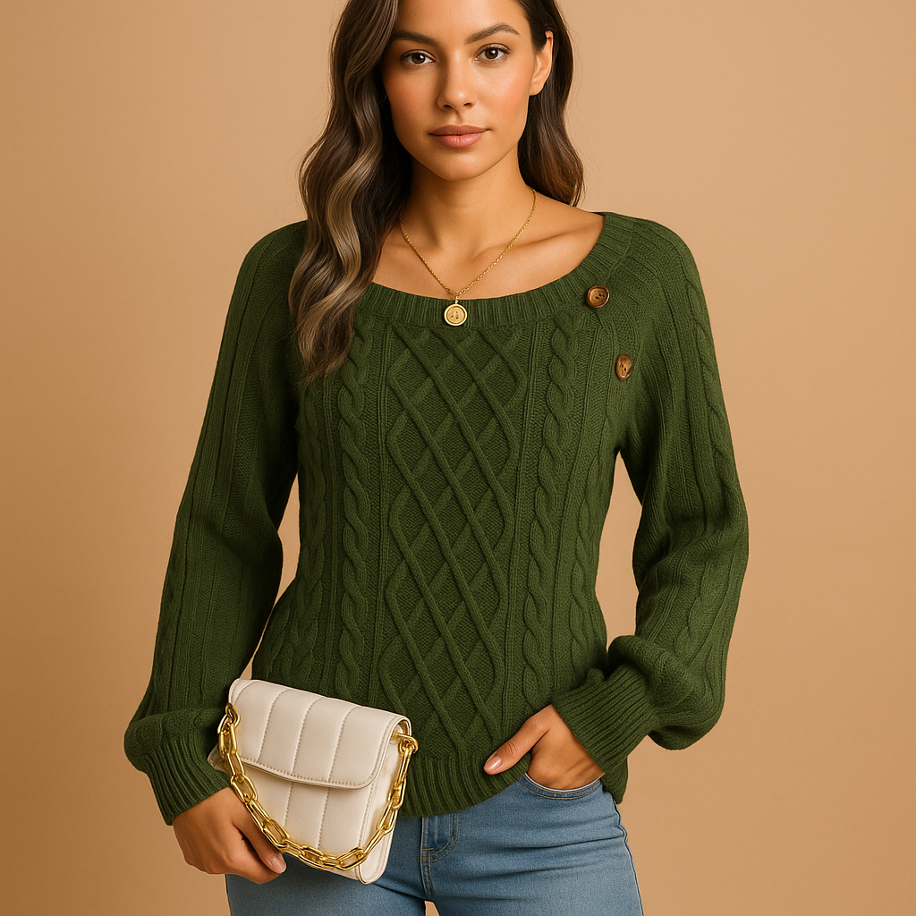 Marielle cable knit sweater in olive green with button detailing, styled with jeans and a cream shoulder bag