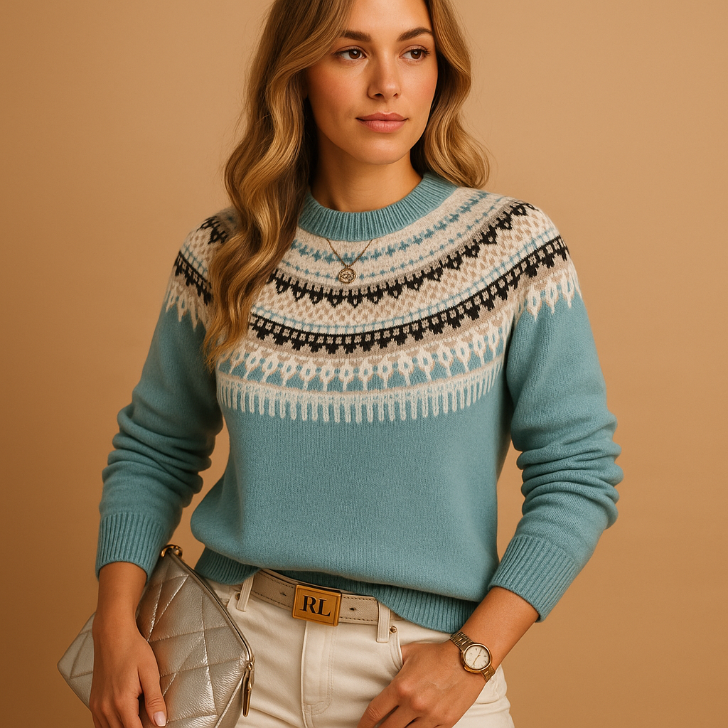 Woman wearing the Sabina boho knit crewneck sweater in sage green with a patterned cream and grey yoke