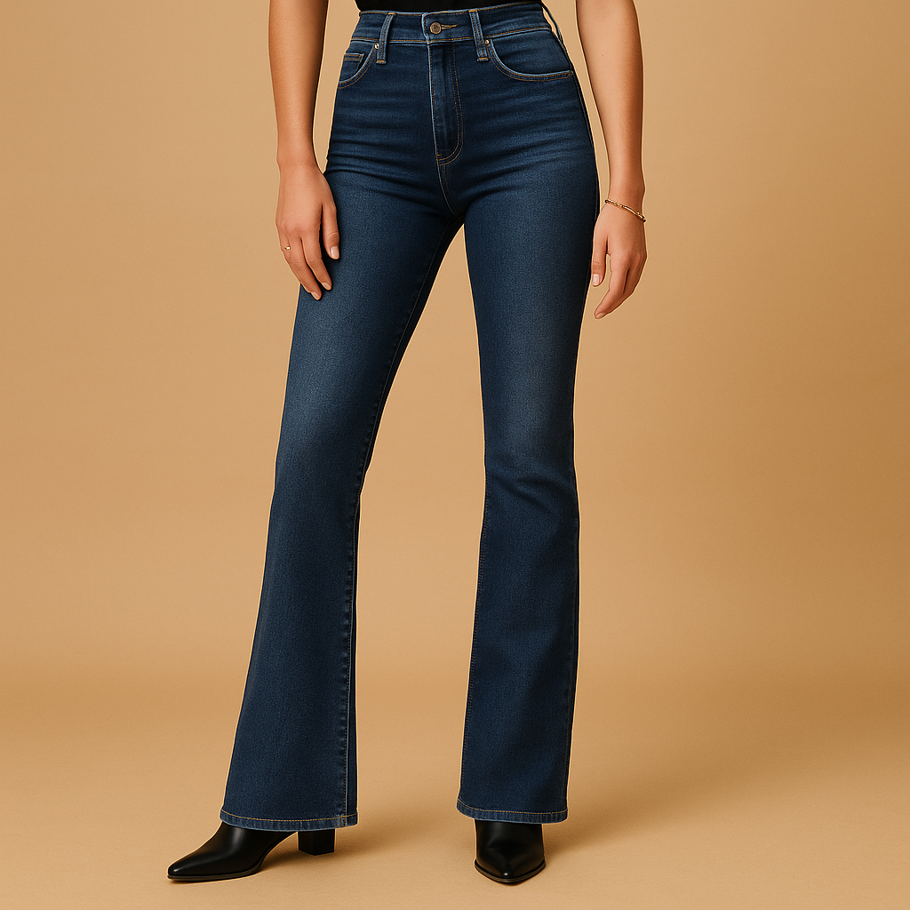 Scarlett flared high-waist jeans in dark blue denim, worn with a beige top and black heeled boots