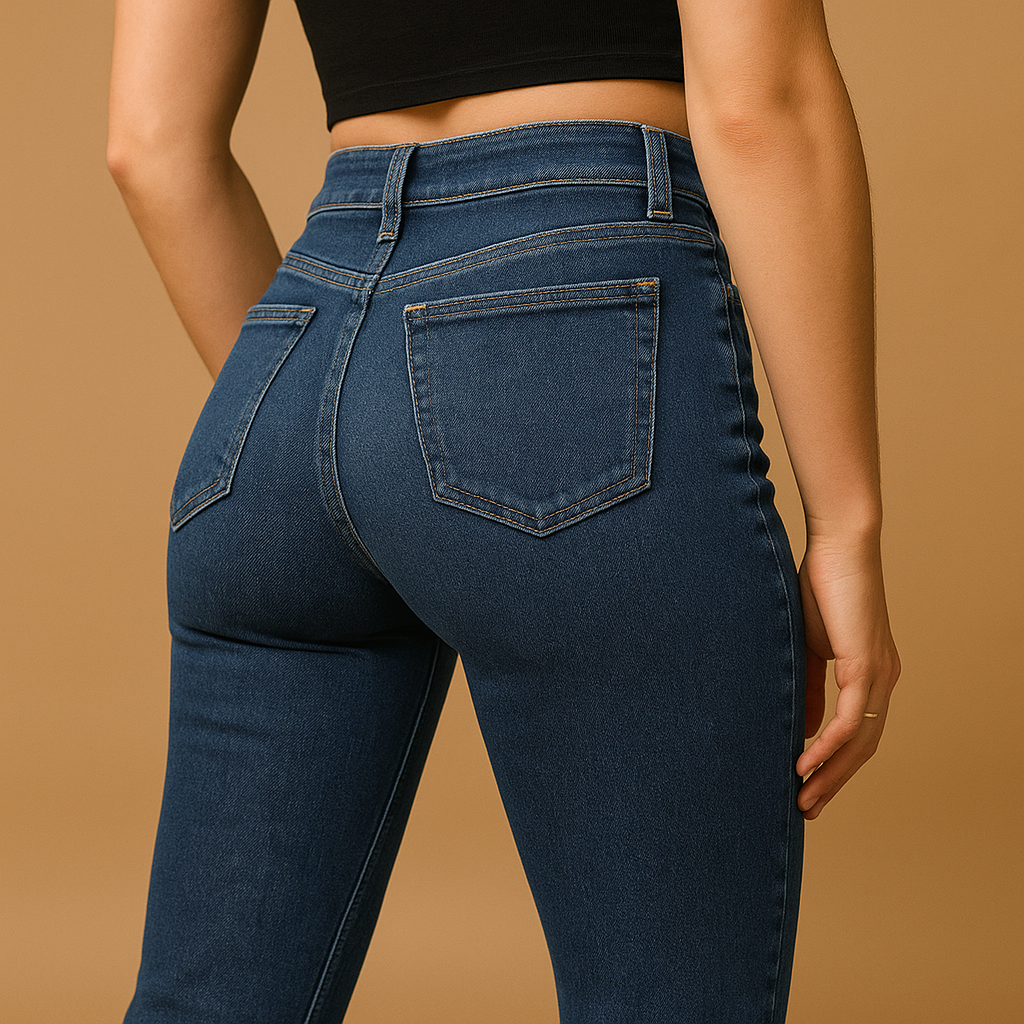 Back detail of the Scarlett flared high-waist jeans in dark blue denim showing the back pockets and high waistband