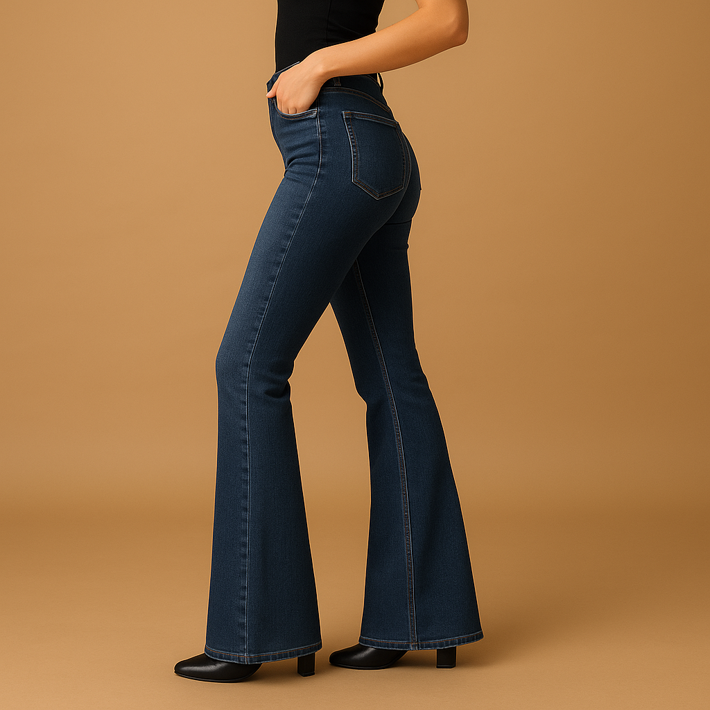 Scarlett flared high-waist jeans in dark blue denim seen from the side, worn with a black top and heeled boots