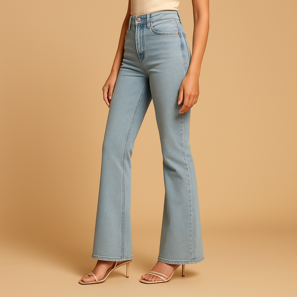 Scarlett flared high-waist jeans in light blue denim with a button fly, worn with a white top
