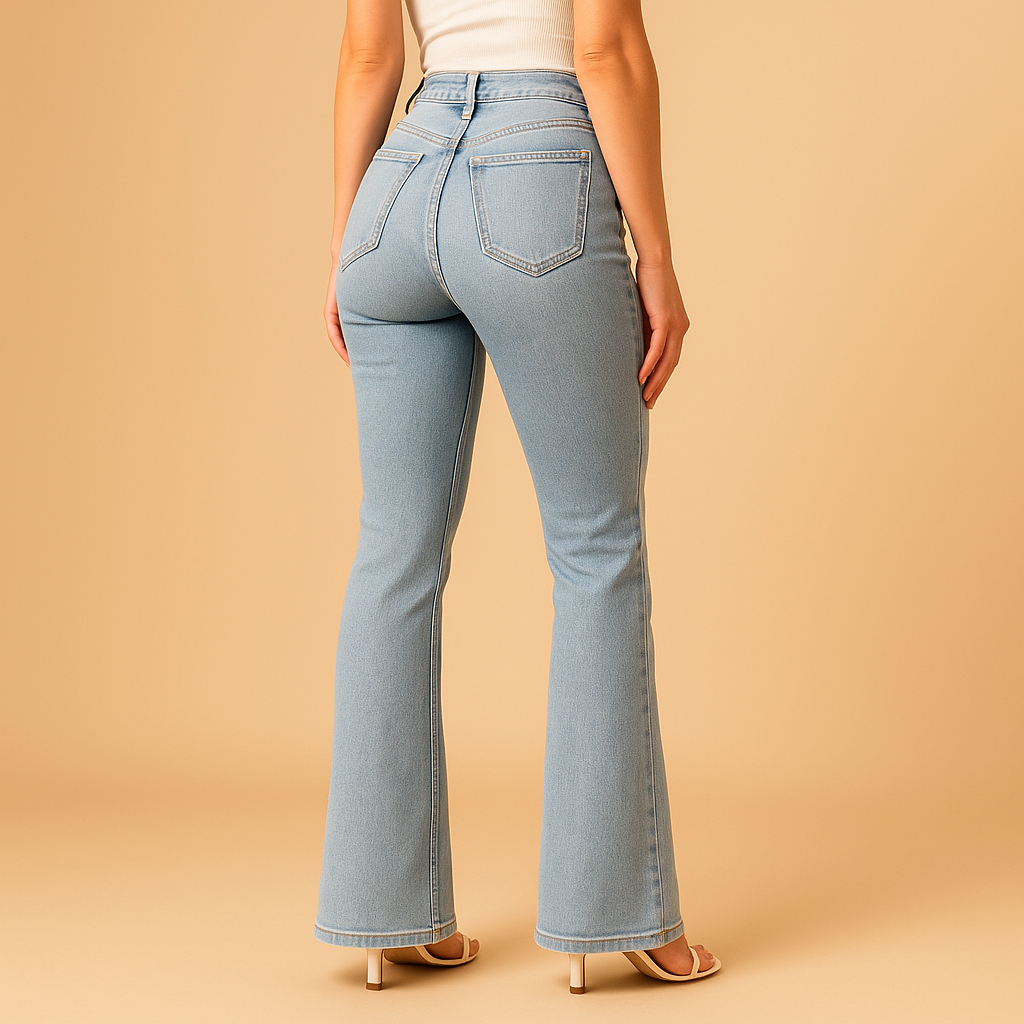 Scarlett flared high-waist jeans in light blue denim seen from the back, showing the back pockets and flared hem