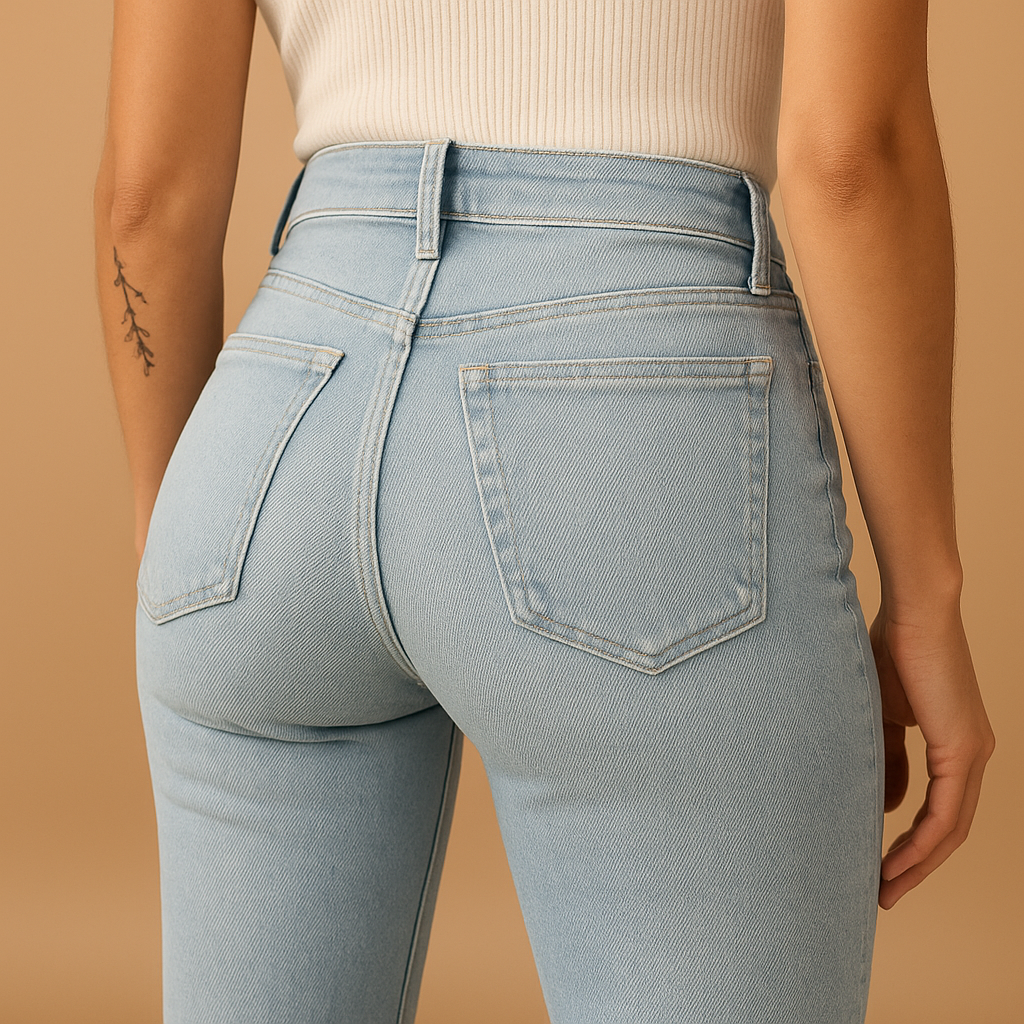 Back detail of the Scarlett flared high-waist jeans in light blue denim showing the back pockets and high rise