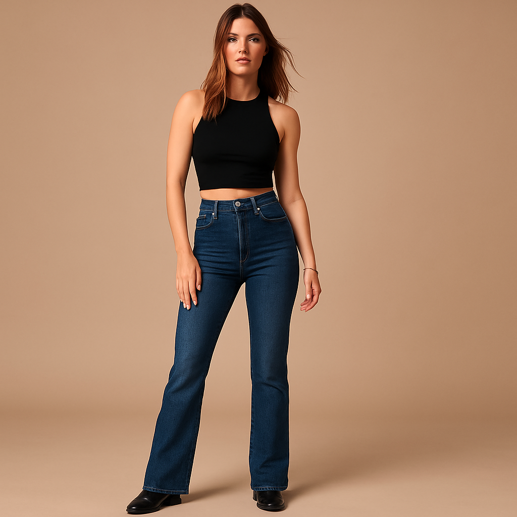 Scarlett flared high-waist jeans in mid blue denim shown full length, worn with a black crop top