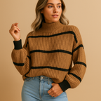 Woman wearing the Scarlett striped knit sweater in camel and black with a high collar, styled with blue jeans