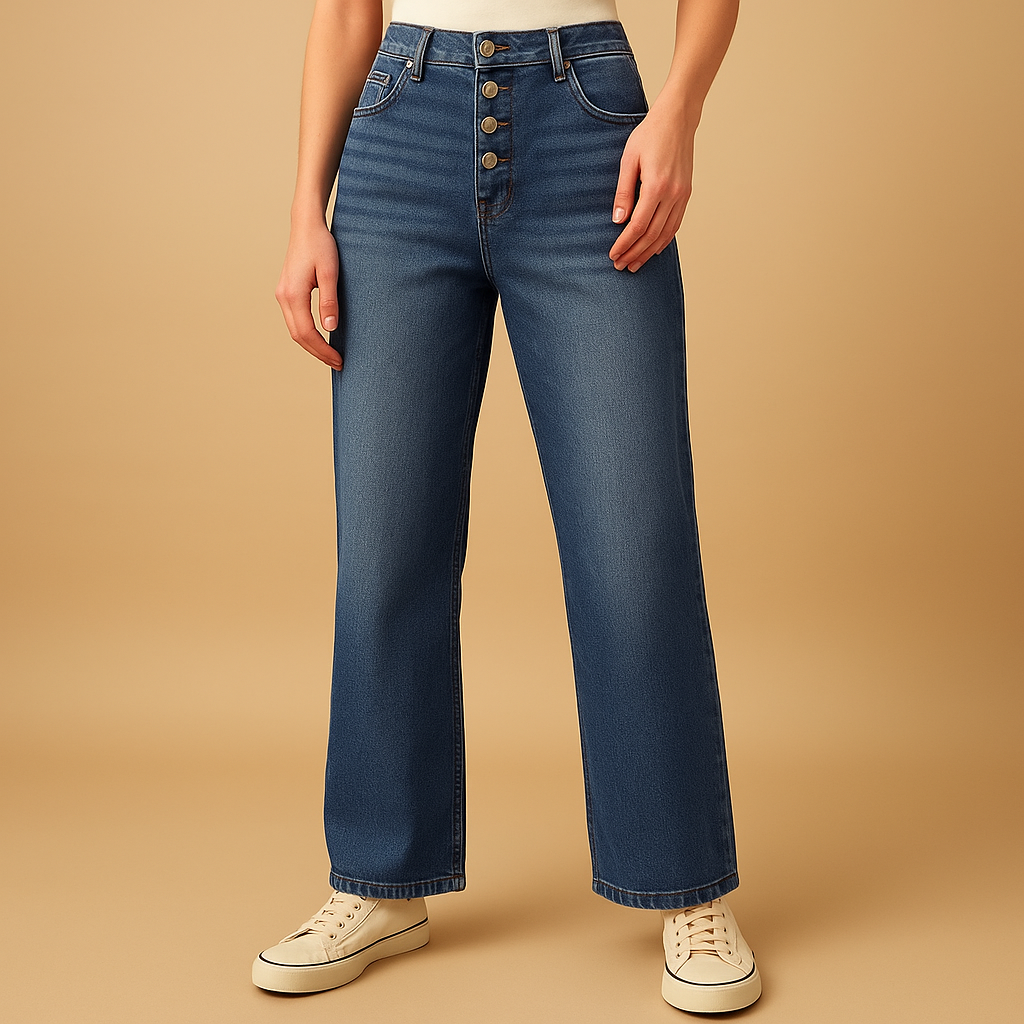 Sienna high-waisted loose fit jeans in dark blue denim with a relaxed straight leg, worn with cream trainers